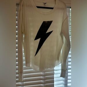 Anthropologie Cream Long Sleeve Top with Black Bolt